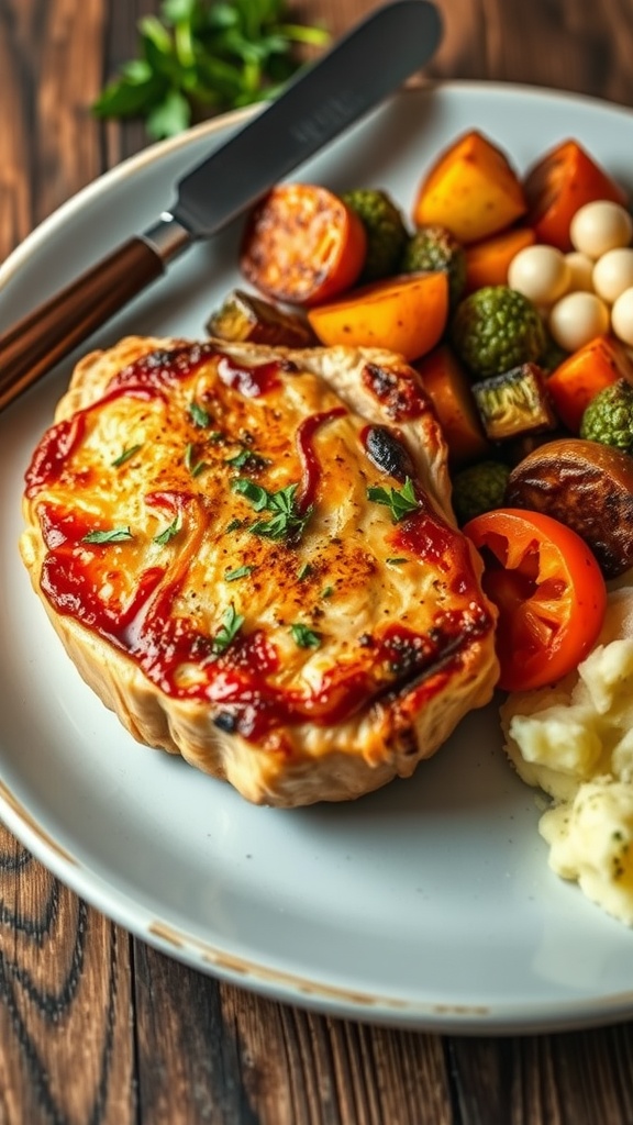 Savory Oven-Baked Pork Chops Recipe Juicy oven-baked pork chops served with roasted vegetables and mashed potatoes on a rustic table.